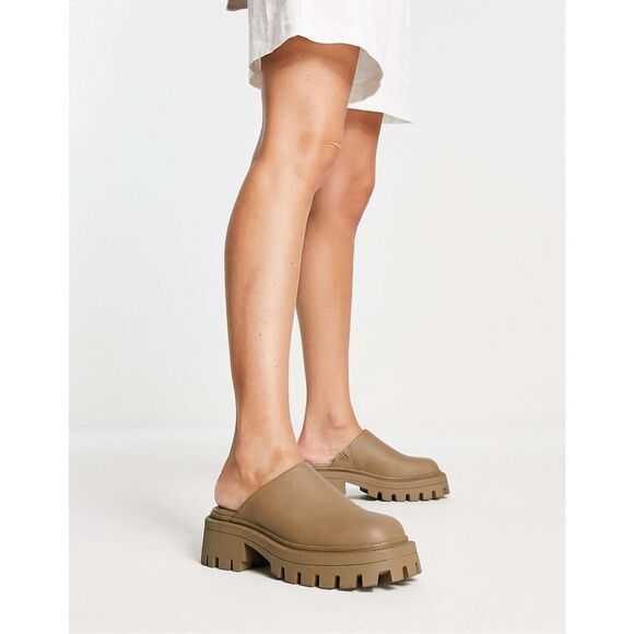 ASOS Design Women’s Marvin Chunky Flat Mules in Khaki Tan - Picture 10 of 10